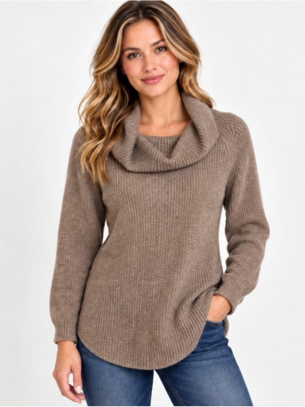 Tahari Merino Wool Blend Cowl Neck Ribbed Sweater Tan Women’s L